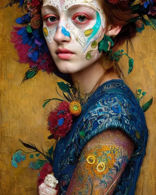 Image similar to a beautiful girl wearing colourful face paint surrounded by bright intricate patterns, by edgar maxence and caravaggio and michael whelan, intricate painting, hyper realistic, extremely detailed and beautiful aesthetic face, 8 k resolution