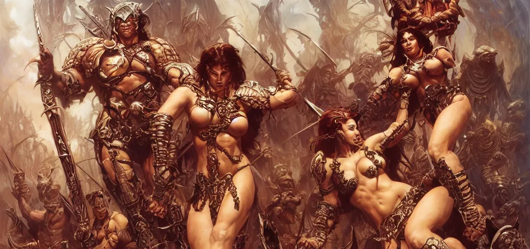 Prompt: art by donato giancola and bayard wu and gustav moreau and wayne barlowe and frank frazetta and boris vallejo, a fantasy cinematic shot of a sexy beautiful barbarian woman, fighting, warhammer, dnd, fighting monsters, octane render, movie still, 8 k hdr 8 0 mm