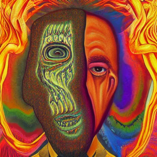 Prompt: a surreal painting of a golden faceless man during in a ayahuasca hallucination