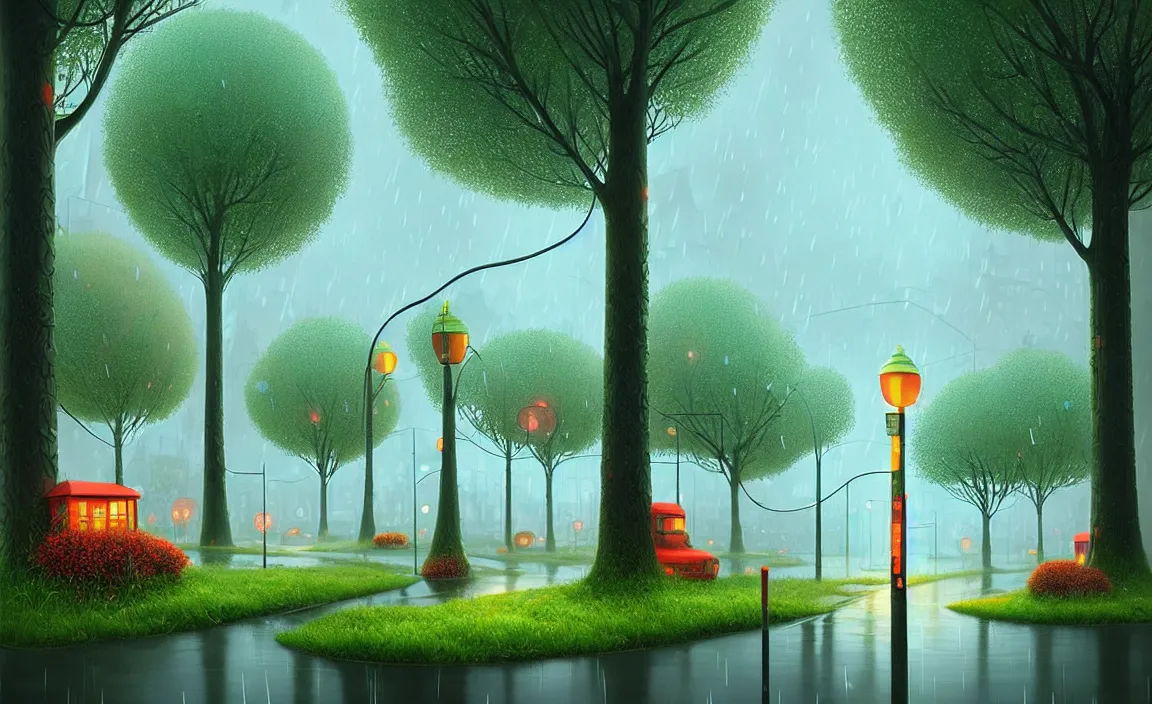 Image similar to Beautiful city of the future, overgrown with trees and plants. Raining at night with light pole illuminate the patch, Nice colour scheme, warm colour. Beautiful artistic digital artwork by artist Lurid. (2022), Gediminas Pranckevicius