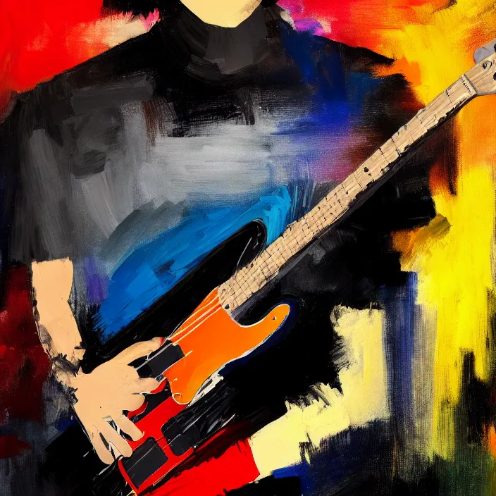 Prompt: large diagonal brush strokes, abstract dark painting of a young korean male musician wearing black tank top holding a telecaster!!! electric guitar!! in a dark room, thick flowing dramatic brush strokes, matte colors, abstract, impressionist, movement, trending on artstation