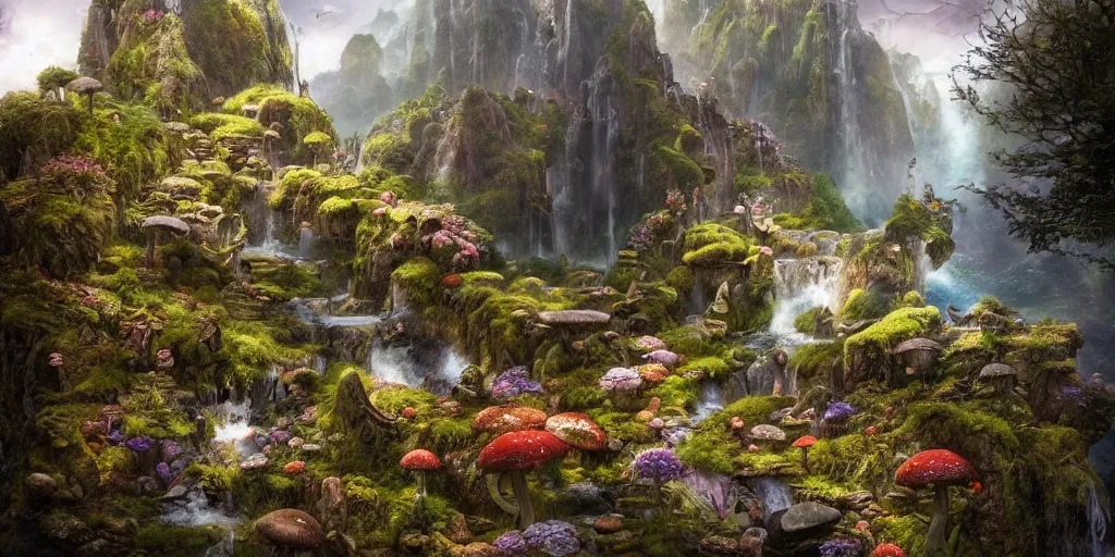 Prompt: fairyland scenery landscape, lord of the rings, waterfalls, monoliths, flowers, mushroom structures, moss highly detailed, vivid color, perfect lighting, perfect composition, 8 k, brian froud, artgerm, derek zabrocki, greg rutkowski