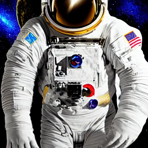 Image similar to astronaut in space, galactic background reflections on suit on one side and a yellow planet on the other side