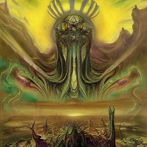 Image similar to lurid eldritch radiating town fractal shimmering phantasm, by h. r. giger and esao andrews and maria sibylla merian eugene delacroix, donato giancola, edvard munch john berkey, gustave dore, thomas moran, hieronymus bosch, hp lovecraft, pop art, synthwave, cubist