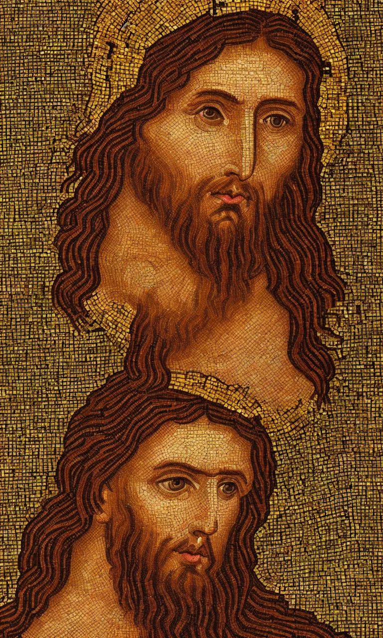 Prompt: head and shoulders portrait of jesus christ, with golden crown on his head, in a byzantine mosaic, very realistic, highly detailed, intricate, hd, 8 k