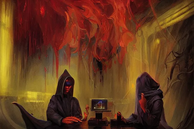 Image similar to ((A beautiful masterpiece painting) (of (a technomancer wizard (in robes (with pointed hood))) (discussing sentience with (his synthesized Al djinn) (in his laboratory (near a computer))) (by (Remedios Varo) and (Anato Finnstark) and (Greg Rutkowski)) (dayglo pink, dayglo blue, dazzle camouflage) (8k, trending on ArtStation)