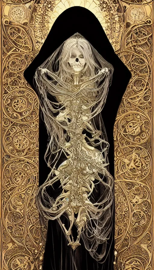 Image similar to a skeleton in a black cloak, highly detailed, very intricate, art nouveau, gold filigree, left right symmetry, tarot concept art watercolor illustration by mandy jurgens and alphonse mucha and alena aenami, featured on artstation