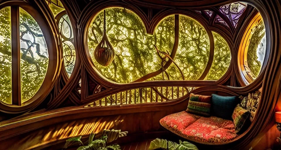 Image similar to An incredibly beautiful scene from a 2022 Marvel film featuring a cozy art nouveau reading nook balcony in a fantasy treehouse interior. 8K UHD.