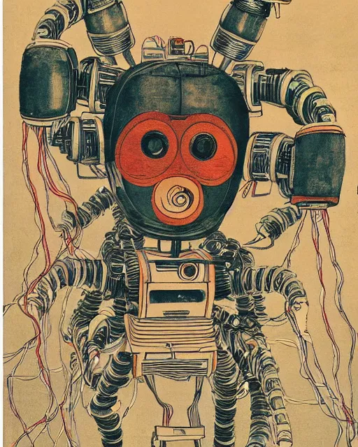 Image similar to Kuniyoshi portrait of a robot saint made of cables and robotic pod