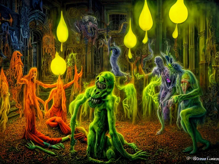 Prompt: hellspawn demons greeting souls of sinners by wendy froud and laurie lipton and guido borelli da caluso and ed valigursky and zacharias aagaard and gillis rombouts, hyperrealism, high contrast, low light, vibrant color, psychedelic, green mist, blue cobblestones, orange demons, yellow lanterns