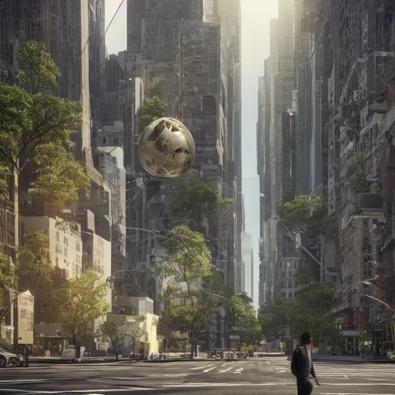 Image similar to octane render portrait by wayne barlow and carlo crivelli and glenn fabry, a perfect beautiful utopian futuristic walkable new york city neighborhood with trees and plants and beautiful architecture and happy futuristic cool new yorkers, cinema 4 d, ray traced lighting, very short depth of field, bokeh