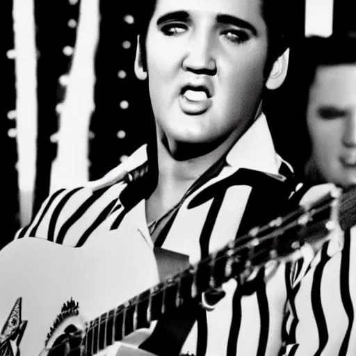 Prompt: elvis presley with the face of nicolas cage playing the guitar, poker table next to him