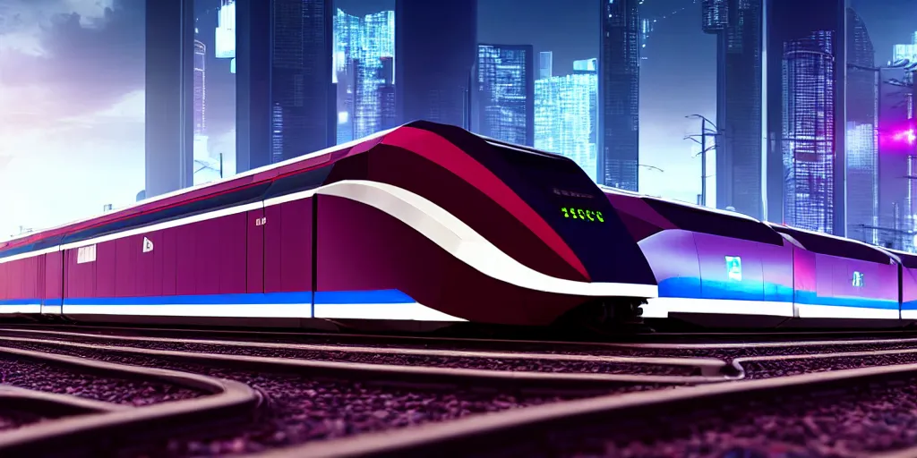 Image similar to a cyberpunk maglev train riding though futuristic station, blocky futuristic cityscape in background, gorgeous lighting and metallic reflection, maroon and blue accents, 8k, large scale, high detail, side profile