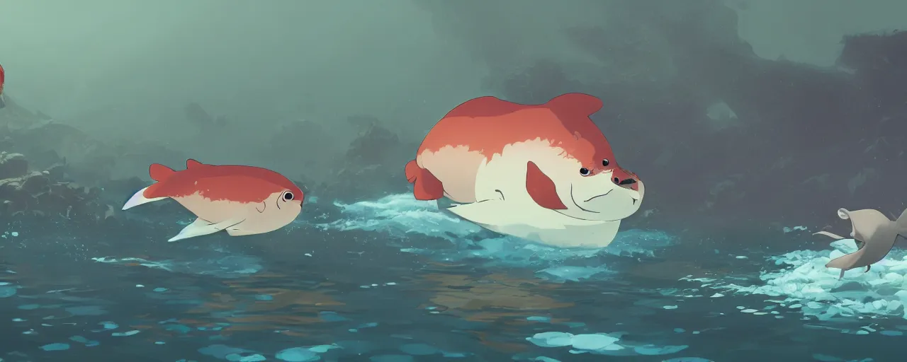 Image similar to piranhas eating a baby harp seal in a tropical river, atey ghailan, goro fujita, studio ghibli, rim light, dark lighting, clear focus, very coherent