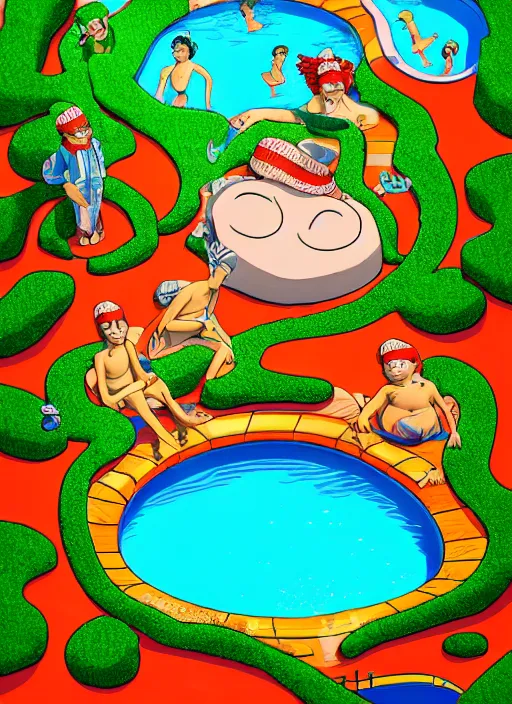 Image similar to intricate Waldo from Where's Waldo, in the water, on the background of a weird magical swimming pool. Very detailed 8k. Fantasy. Sharp. Cinematic post-processing