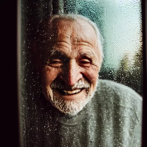 Image similar to a smiling old man seen through a dirty window