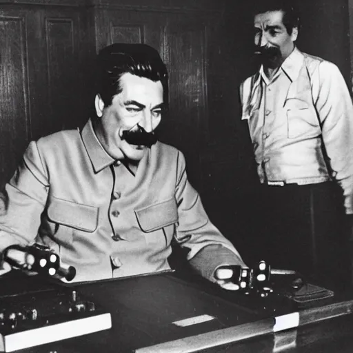 Image similar to Stalin playing on Playstation, black and white photograph