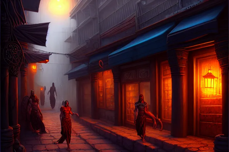 Prompt: a bazaar street in the city of tyr from athas, amazing dark sun digital painting, by gerald brom, brom digital art, intricate details, ultra realistic, beautiful art by brom, volumetric lighting, by brom, trending cgsociety, highly detailed, rim light, art, cinematic lighting, artstation, rim lighting, 8 k