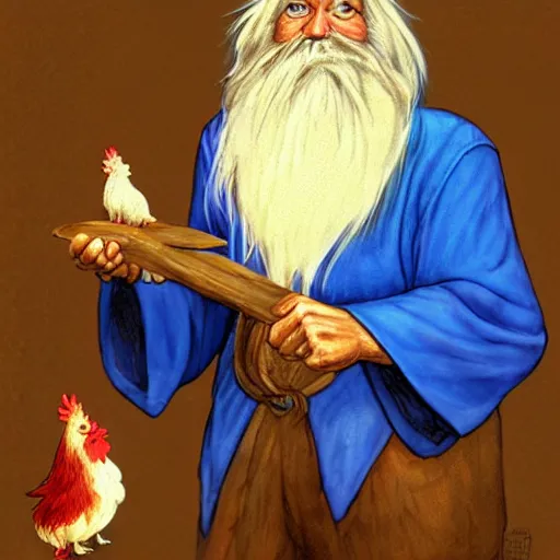 Image similar to concept art character design portrait of wizard with a long white beard and a wizard hat holding a pet chicken, wearing a blue robe, dungeons and dragons, by Larry Elmore and John Howe and Alan Lee, trending on ArtStation, detailed, realistic