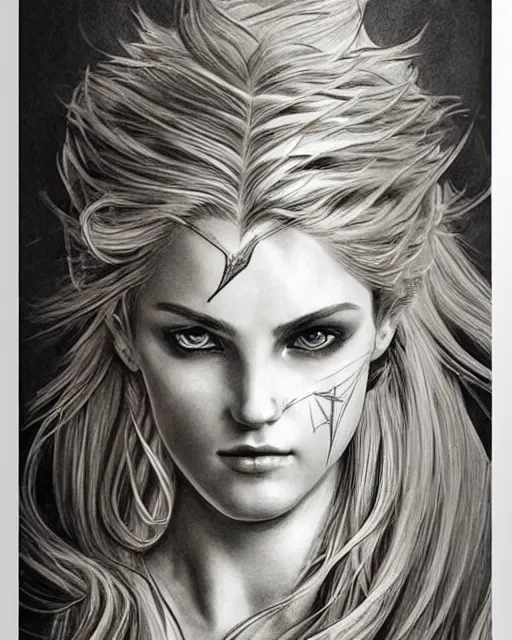 Image similar to tattoo sketch of beautiful greek goddess aphrodite, bow and arrow, beautiful piercing eyes, flowing blonde hair, realistic face, hyper realistic, in the style of greg rutkowski, fantasy, amazing detail, epic, intricate, elegant, smooth, sharp focus