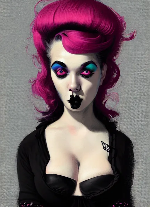 Image similar to portrait of a plump woman with a crooked nose and a confident expression, 1 9 6 0 s, black clothes, goth, punk, brightly coloured hair, funk, intricate, elegant, highly detailed, digital painting, artstation, concept art, smooth, sharp focus, illustration, art by wlop, mars ravelo and greg rutkowski