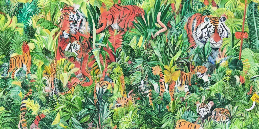 Image similar to detailed illustration, a lush tropical jungle in the style of may gibbs, tiger, elephant, 🐅, 🐘, layered composition, layers, texture, textured, layered, sculpted, dynamic, jungle, tropical, 🌱, 🦋,