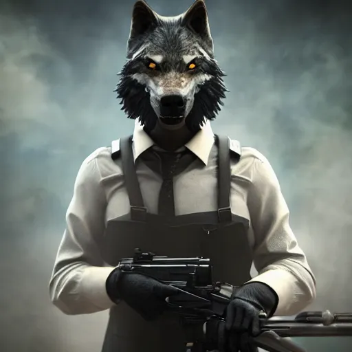 Prompt: butler with wolf face, dystopian, cinematic lighting, horror scene, big gun, black mask, octane render