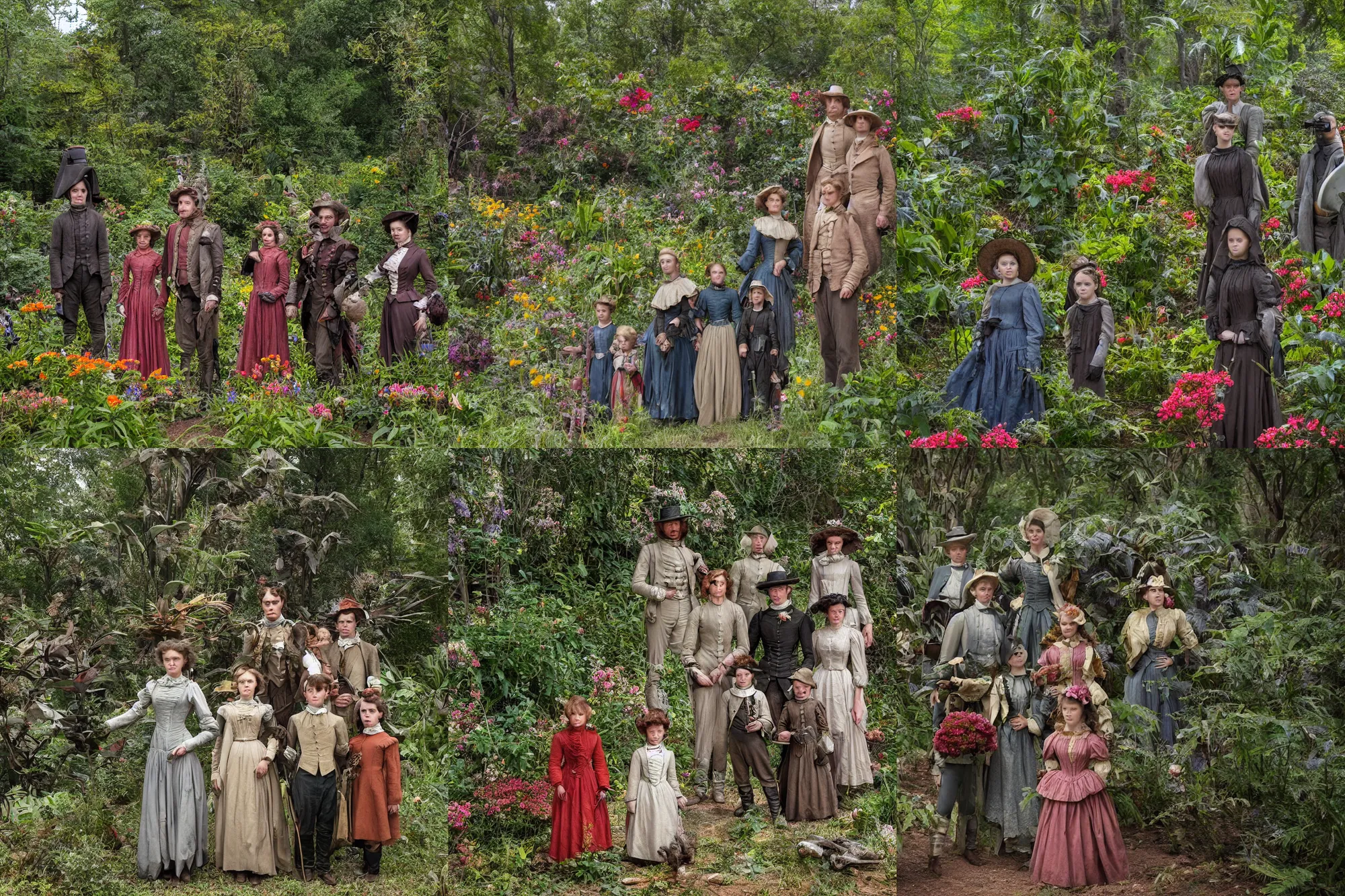 Prompt: sharp, highly detailed, 43456k film, 181800mm film still from a sci fi blockbuster color movie made in 2019, set in 1860, of a family standing in a park, next to some strange alien plants and flowers, on an alien planet, the family are all wearing 1860s era clothes, good lighting, ultra high definition, ultra enhanced faces, in focus, 35mm macro lens
