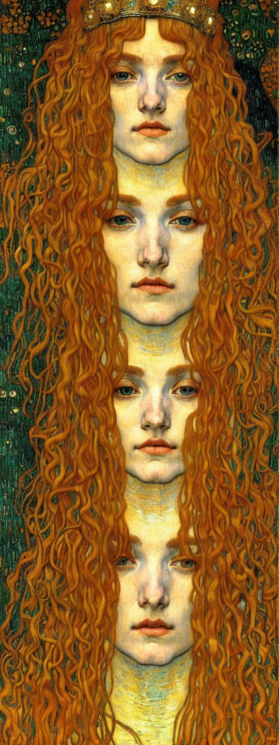 Image similar to detailed realistic beautiful young medieval queen face portrait by jean delville, gustav klimt and vincent van gogh, art nouveau, symbolist, visionary, gothic, pre - raphaelite, muted earthy colors, desaturated