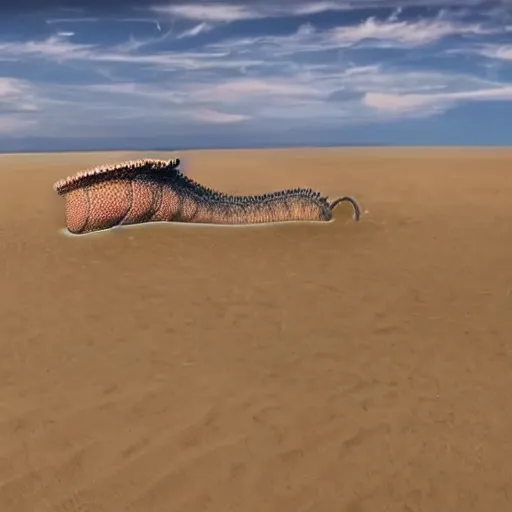Image similar to gigantic sandworm busting out of the sand, realistic movie still, 4 k, sand is flying around