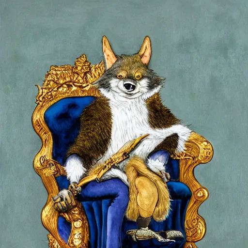 Prompt: hyper realistic painting of a werewolf with gold and white fur, anthropomorphic royalty standing in a throne room, non human, dressed in a 1800s royal outfit, traditional art, very fine detail and texture, royal workshop, in the art style of beatrix potter, Willem Wissing, watercolor, colored pencil, ink, oil, acrylic, early morning lighting