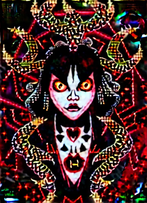 Prompt: baroque bedazzled gothic royalty frames surrounding a pixelsort emo demonic horrorcore japanese yokai doll, low quality sharpened graphics, remastered chromatic aberration spiked korean bloodmoon sigil stars draincore, gothic demon hellfire hexed witchcore aesthetic, dark vhs gothic hearts, neon glyphs spiked with red maroon glitter breakcore art by guro manga artist shintaro kago