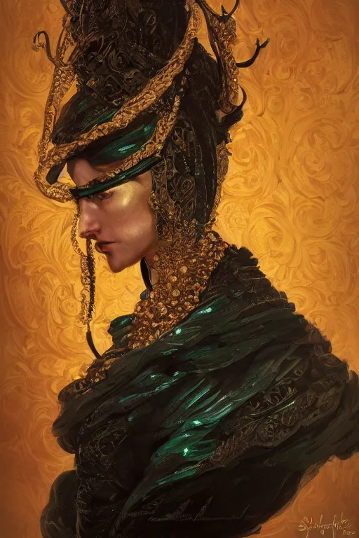 Image similar to portrait, headshot, digital painting, of a 17th century, beautiful, middle aged, middle eastern, wrinkles, decadent, cyborg noble woman, dark hair, amber jewels, baroque, ornate dark green opulent clothing, scifi, futuristic, realistic, hyperdetailed, concept art, dramatic backlighting, golden hour, cinestill, art by syd mead