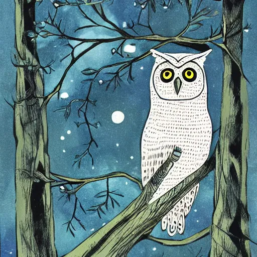 Prompt: a picture of an owl sitting on a tree branch, a storybook illustration by r. o. blechman, behance contest winner, art & language, storybook illustration, sense of awe, quantum wavetracing