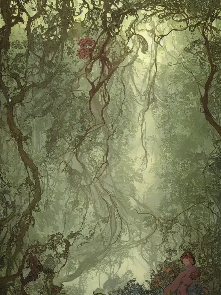 Prompt: stunning breathtaking masterpiece painting in art nouveau concept art style of a lush forest floor with moss made of nudibranch slime molds with a mist receding into the distance as the sun peaks through the branches in the style of Alphonse Mucha and Studio Ghibli, large detailed matte painting, komorebi, french nouveau, faded effect, tranquil and calm, volumetric lighting, unreal render, depth of field