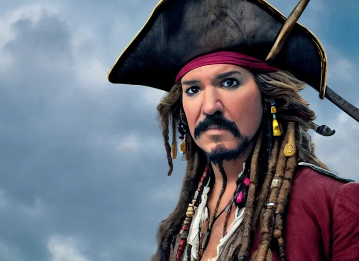 Image similar to ethan kline as a flamboyant pirate, movie still, from the new pirates of the caribbean movie, 8 k, realistic