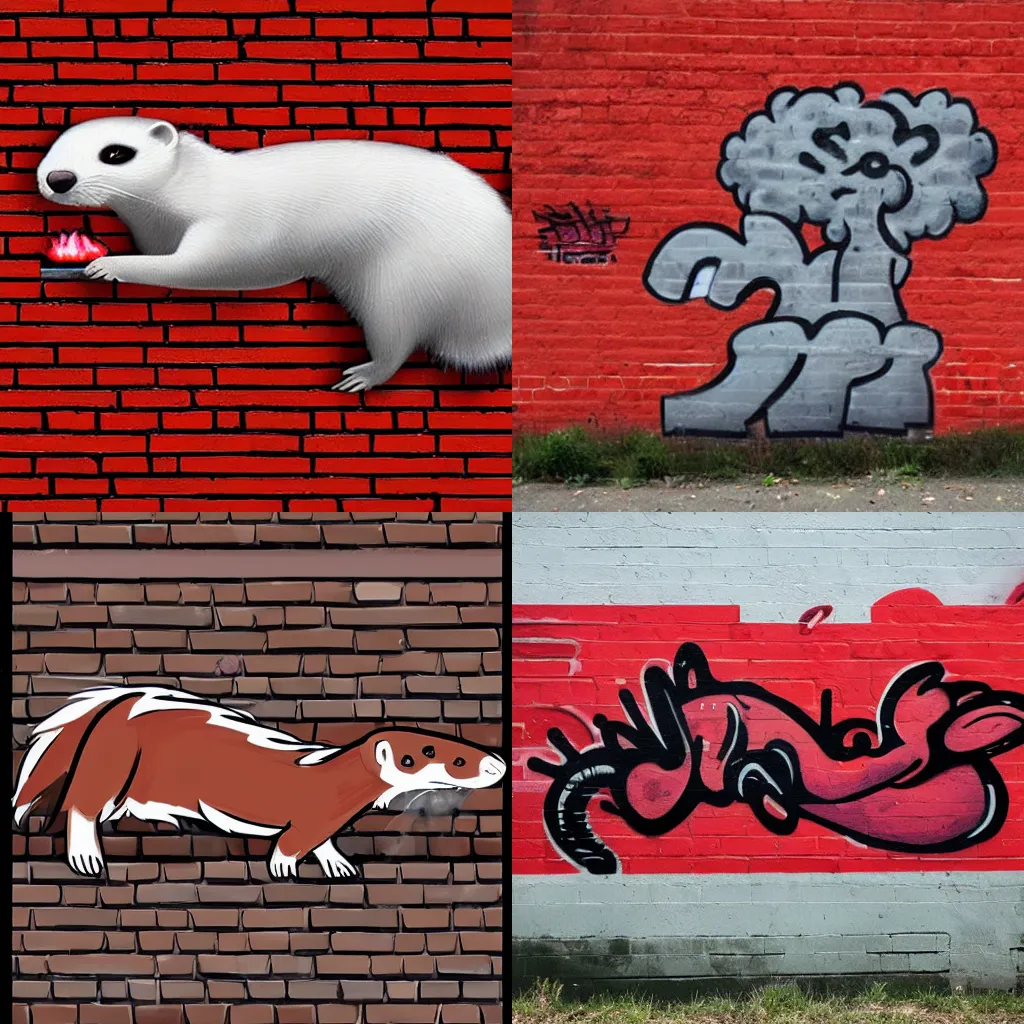 Prompt: ( ( graffiti ) * ( furry fandom ) * ( ( ferret * weasel * stoat ) * ( red + black ) ) ) + ( ( smoke cloud ) + ( ( backing ) * brick wall ) )