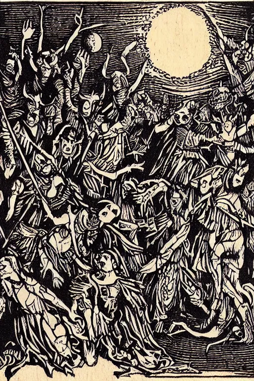 Prompt: a beautiful woodcut print of walpurgisnacht, 8 k, by vladimir zimikov