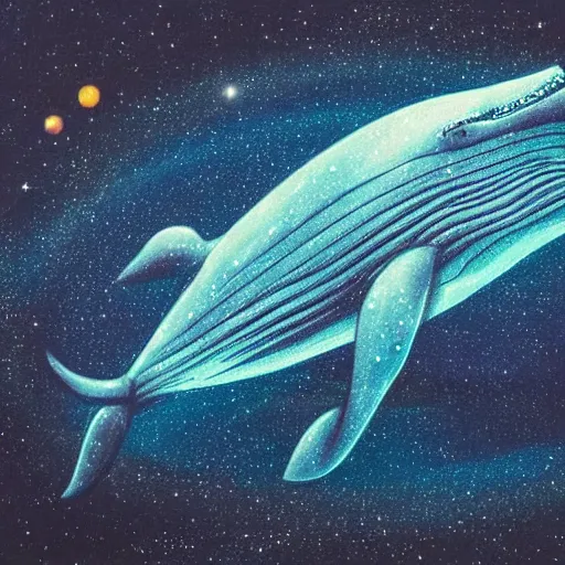 Prompt: portrait of whale swimming on a dark night sky in space, flying across the universe, galaxies, oniric, dreamy, beautiful, highly detailed, realistic, cinematic, dynamic composition