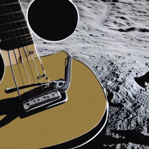 Image similar to photo of a detailed realistic idle regular sized electric guitar and a detailed realistic idle regular sized beer can next to one another on the moon surface. realistic. detailed