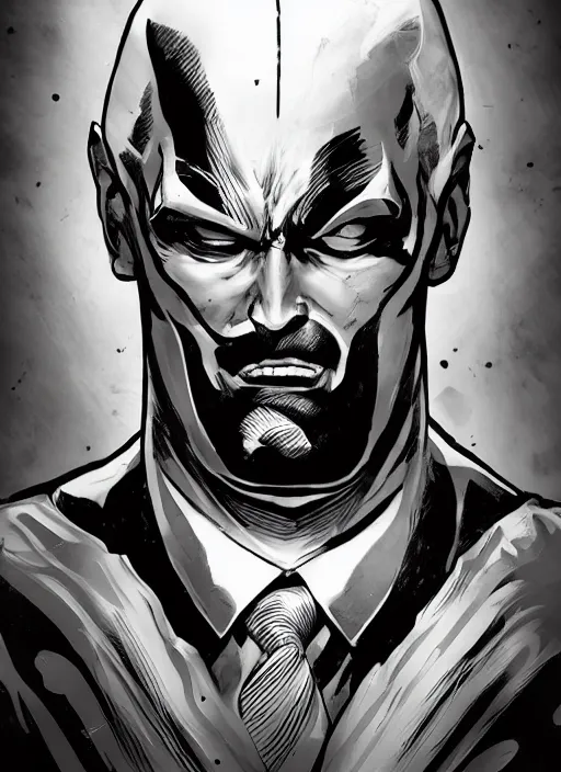 Prompt: portrait, comic villain, black and white comic panel, cover Art, inking, Dynamic lighting, cinematic, establishing shot, extremely high detail, photo realistic, cinematic lighting, pen and ink, intricate line drawings, post processed, concept art, artstation, matte painting, midjourney, style by alex ross, neal adam