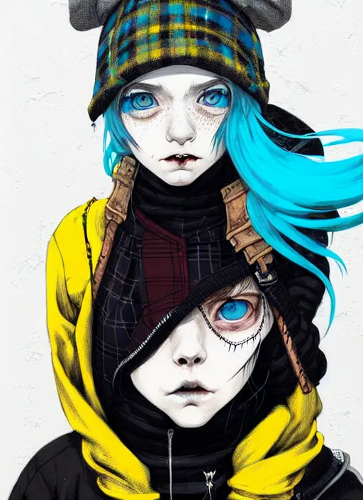 Image similar to highly detailed portrait of a sewer punk lady student, blue eyes, tartan hoody, hat, white hair by atey ghailan, by greg tocchini, by kaethe butcher, by alex horley, gradient yellow, black, brown and cyan color scheme, grunge aesthetic!!! ( ( graffiti tag wall ) )