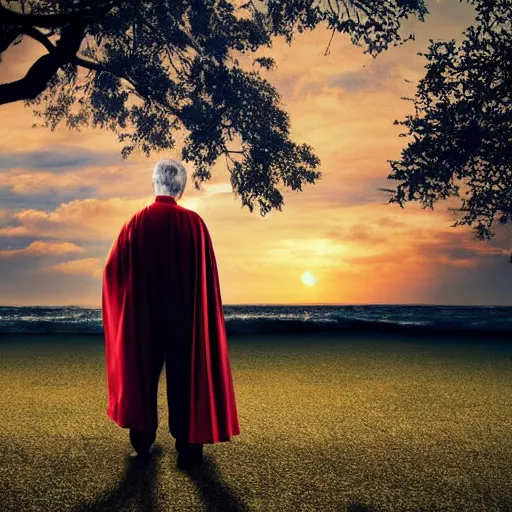 Image similar to extremely realistic elderly retired superman loose costume sad sighing alone looking at a sunset cape in the breeze