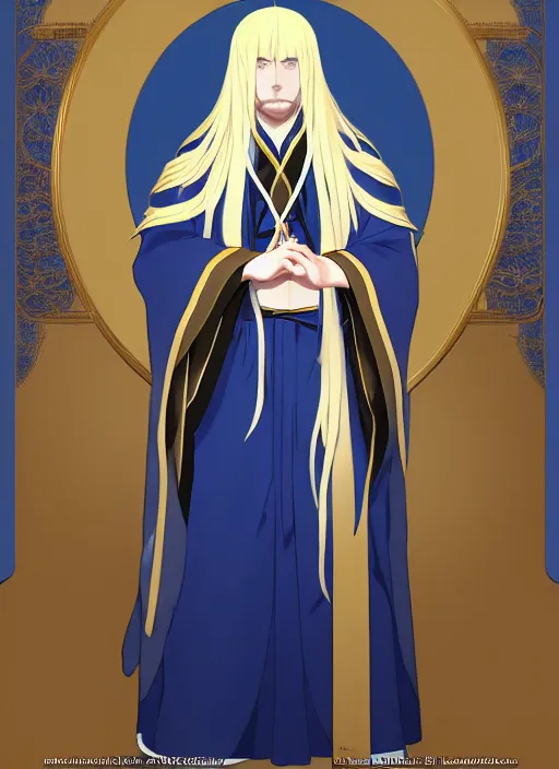 Image similar to card art portrait of a young man with long white hair wearing blue and golden robes, long white hair, blue and golden robes, detailed robes, intrincated design, makoto shinkai, anime character, very detailed, matte, tonemapping, bbwchan, perfection, 4 k, william - adolphe bouguereau