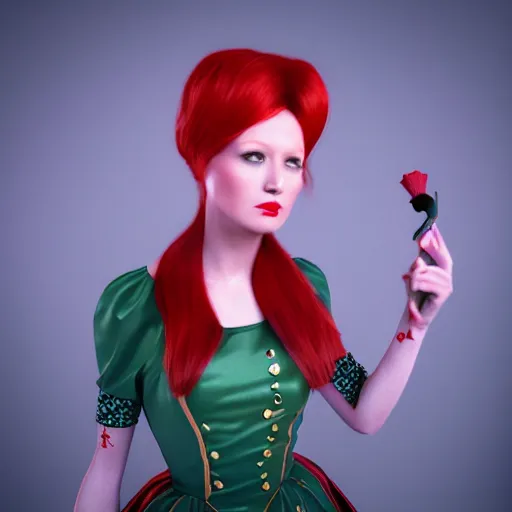 Prompt: red head queen, alice in wonderland theme, disney photo realistic, full body, octane render, 8 k, unreal engine, hd, cinematic lighting