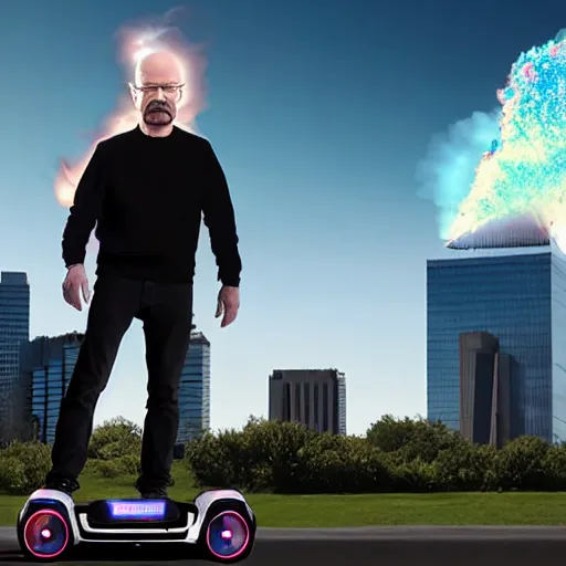 Image similar to Walter White standing on a hoverboard with an exploding building behind him, HDR, 8k,