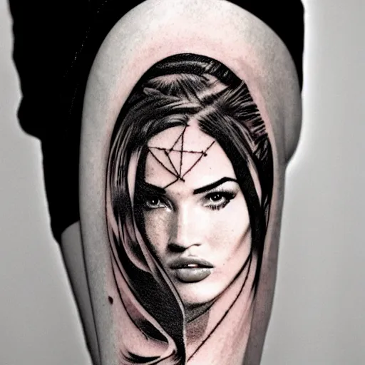 Image similar to double - exposure tattoo sketch of megan fox blended in beautiful mountains shape, in the style of dan mountford