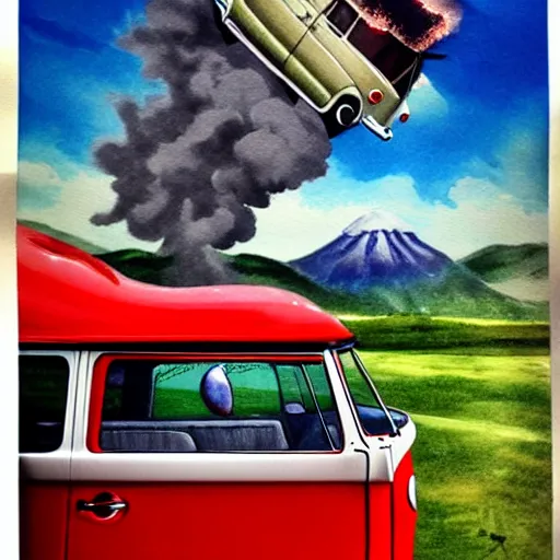 Image similar to a fisheye perspective caricature watercolor painting of a vw volkswagen bus, camper, bulli, type - 2, microbus, kombi, flying towards the camera, jumping at the viewer, dynamic action shot, fish eye lense, frontal, a dramatically erupting vulcano is seen in the background