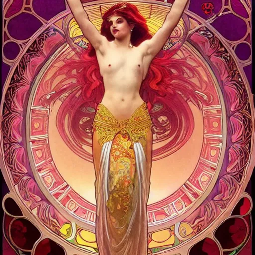 Image similar to a beautiful orchid phoenix angel woman, in an ornamented dress with large, volumetric light, god rays, 8 k high resolution, rubies, by alphonse mucha, artgerm