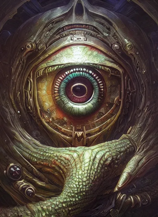 Image similar to spaceship mf doom reptile eyes, cosmic horror, intricate, elegant, highly detailed, centered, digital painting, artstation, concept art, smooth, sharp focus, illustration, artgerm, tomasz alen kopera, peter mohrbacher, donato giancola, joseph christian leyendecker, wlop, frank frazetta